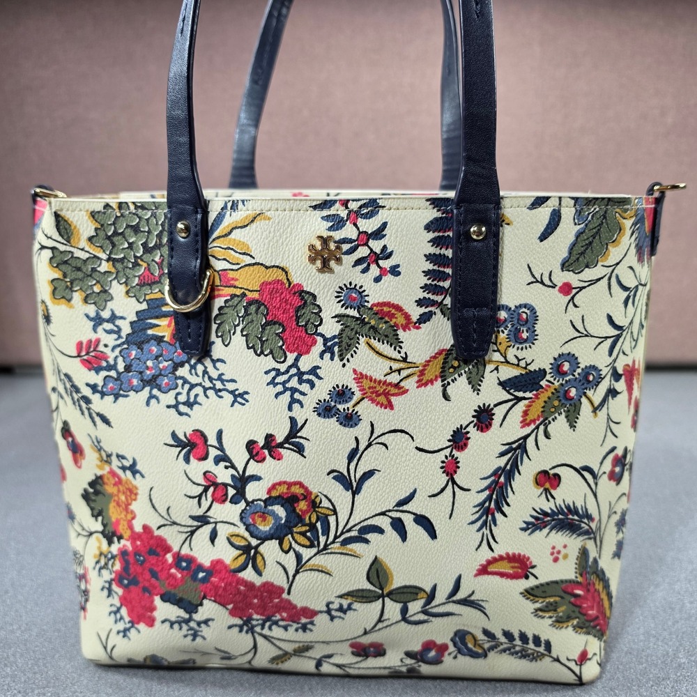 Tory Burch Kerrington New Ivory Gabriella Floral Print Tote Leather Gold Logo
